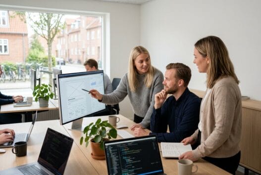 Moderne dansk webbureau i Tange med team ved computer og digitale dashboards