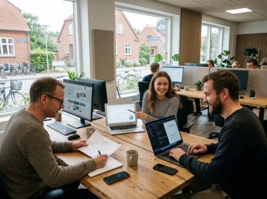 Dansk webbureau i Tapdrup med team ved computere og digitale dashboards i moderne kontorlys