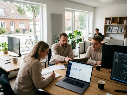 Moderne webbureau i Tappernoeje med skandinavisk team ved computer og digitale dashboards