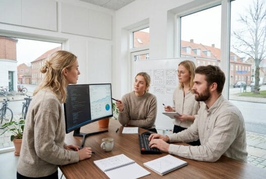 Professionelt hero-billede af dansk webbureau i taps med team ved computer og digitale dashboards