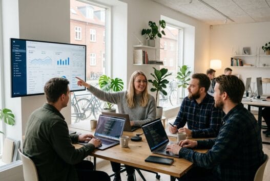 Dansk webbureau i Tarm med team foran computere og digitale dashboards