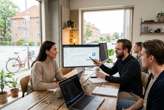 Realistisk kontor med danske medarbejdere og digitale skærme i tårnby