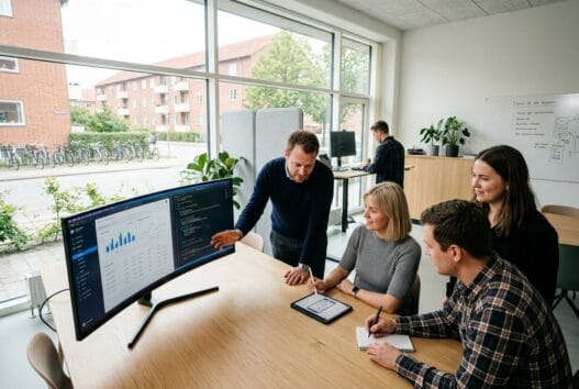 Dansk team arbejder med webdesign og SEO i tarup (5210) i et moderne, lyst kontormiljø