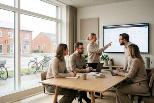Dansk webbureau i Taulov med team ved computer og digitale dashboards