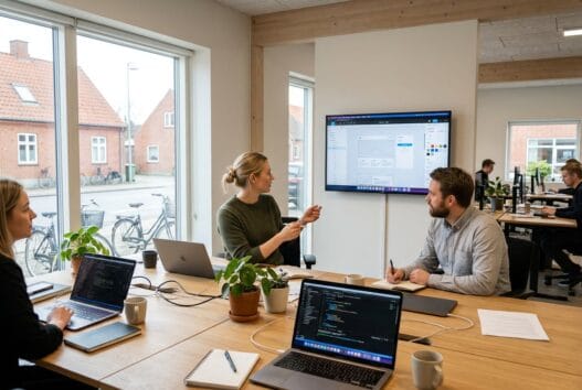 Moderne webbureau i Tebstrup med dansk team, der arbejder ved computere i lyst kontormiljø