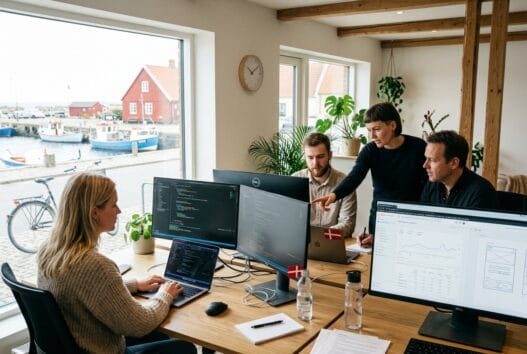 Skandinavisk team arbejder med webdesign og data på kontor i tejn