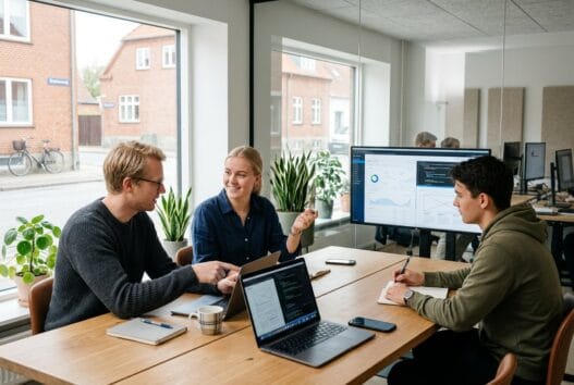 Dansk webbureau i Terndrup med team foran computere i lyst, moderne kontormiljø