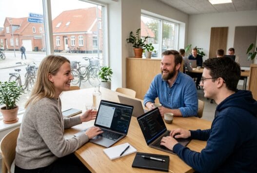 Dansk webbureau i Terslev med team ved computere og dashboards i moderne kontor