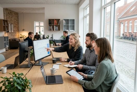 Dansk webbureau i Tersløse med team foran computer og dashboards i et lyst moderne kontor