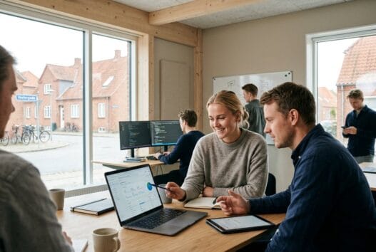 Dansk team arbejder med webdesign og digitale dashboards i et moderne kontor i them