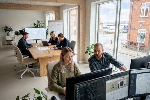 Moderne webbureau i Thisted med dansk team, der arbejder med digitale løsninger ved computere