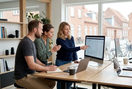 Moderne webbureau i thorning med dansk team foran skærme og digitale dashboards