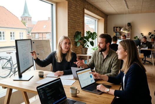 Skandinavisk webbureau i Thorsager med team ved computer og digitale dashboards