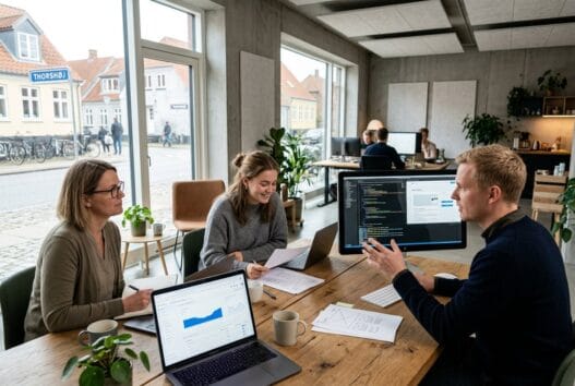 Moderne webbureau i thorshøj med danske medarbejdere foran skærme og digitale dashboards