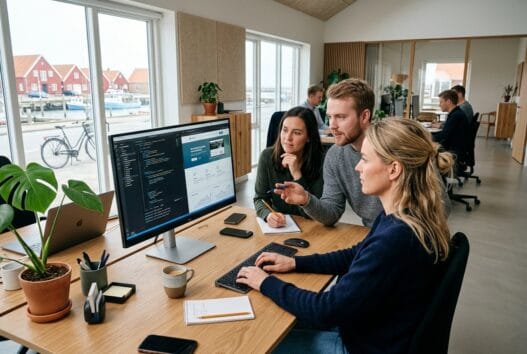 Skandinavisk webteam arbejder ved computer med digitale skærme i Thorsminde