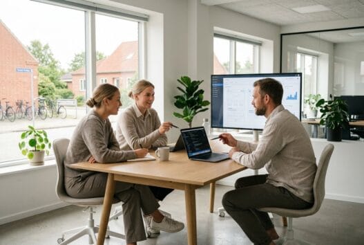 Moderne webbureau i Thorsø med dansk team foran computere og digitale dashboards