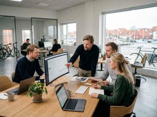 Dansk webbureau i Thurø by med team ved computere og digitale dashboards i moderne kontor
