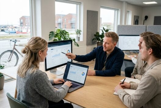 Moderne webbureau i Thyborøn med dansk team foran skærme og digitale dashboards
