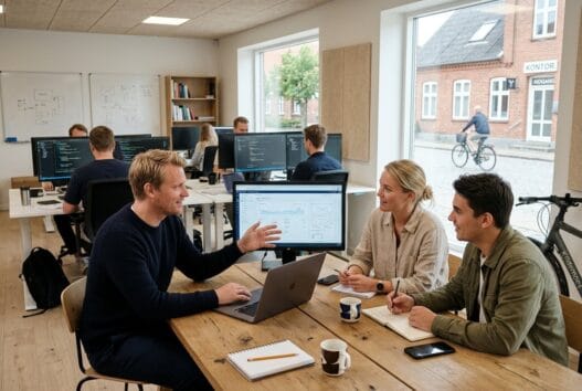 Dansk webbureau i Thyregod med medarbejdere foran skærme i et moderne kontormiljø