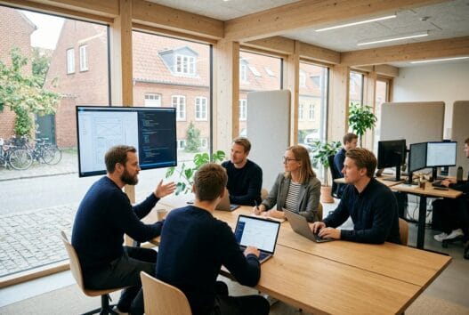 Dansk webbureau i tikøb med team, der arbejder med webdesign og digitale løsninger i moderne kontor