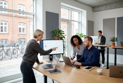 Dansk webbureau i tim med team foran dashboards og computer i moderne kontormiljø