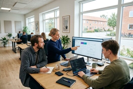 Dansk webbureau i Timring med team ved computere og digitale dashboards i moderne kontor
