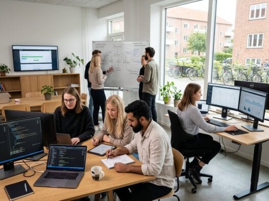 Skandinavisk team arbejder med webdesign og digitale dashboards på kontor i tinghøj