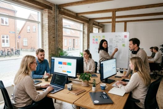 Skandinavisk webbureau i Tinglev med team ved computer og digitale dashboards