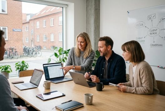 Skandinavisk webbureau i Tingsted med team ved computer og digitale dashboards