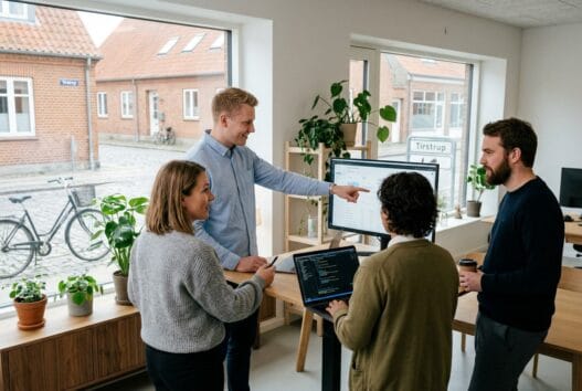 Moderne webbureau i Tirstrup med dansk team foran skærme og digitale analyser