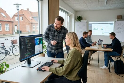 Moderne webbureau i tise med danske medarbejdere ved computer og digitale dashboards