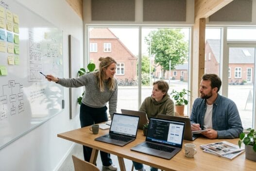 Dansk webbureau i Tistrup med team ved computer og digitale dashboards i moderne kontor