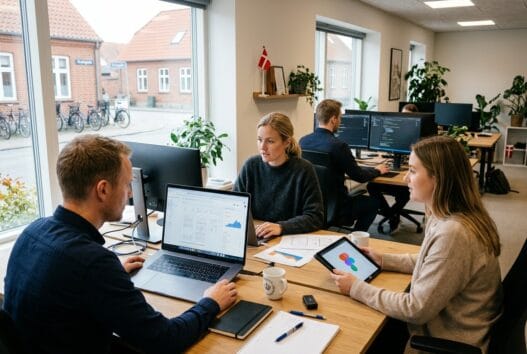 Skandinavisk webbureau i Tjæreborg med team ved computer og digitale dashboards