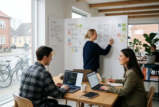 Moderne kontormiljø med dansk team, der arbejder med webdesign og digitale dashboards i Tjebberup