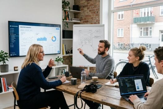 Skandinavisk webteam arbejder med digital strategi og design på kontor i Tølløse