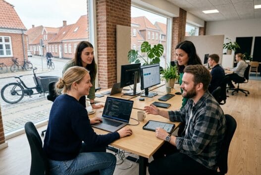 Dansk webbureau i Tønder arbejder ved computere med design, SEO og digitale løsninger