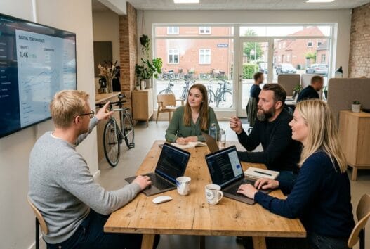 Webdesigner arbejder ved computer i et moderne kontor i Tørring med fokus på digitale løsninger