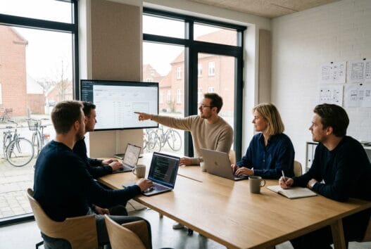 Skandinavisk webbureau i Tørsbøl med team ved computer, der arbejder med digital strategi og design
