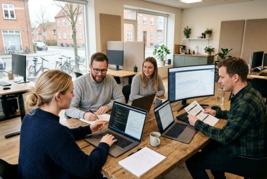 Skandinavisk team arbejder med webdesign og digital strategi i et moderne kontor i tofterup
