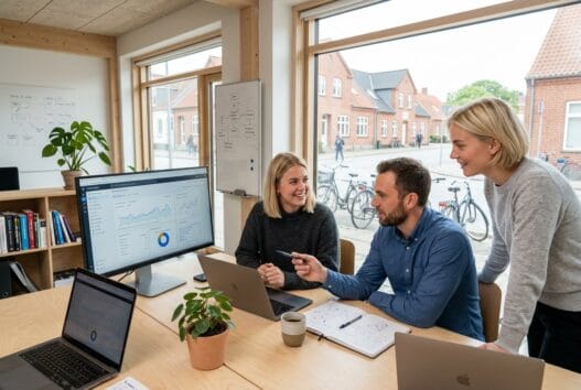 Moderne webbureau i toftlund med dansk team, computere og digitale dashboards i lyst kontormiljø