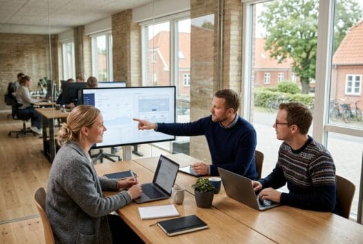 Skandinavisk team arbejder med webdesign og data i et moderne kontor i toksværd