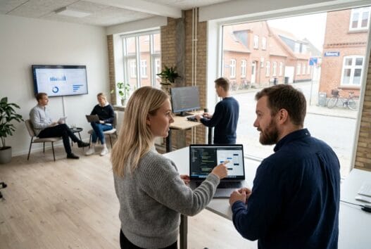 Moderne webbureau i tolne med team ved computer, dashboards og skandinavisk kontormiljø