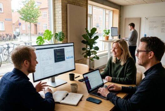 Skandinavisk team arbejder med webdesign og digitale dashboards på et kontor i Tommerup