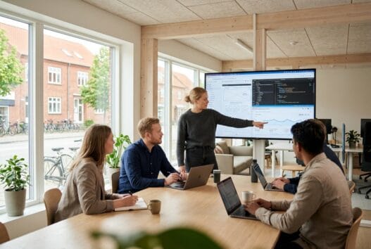 Skandinavisk team arbejder med digital strategi på kontor i tommerup stationsby