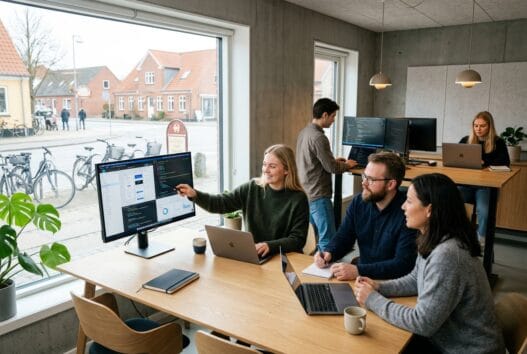 Dansk webbureau i toreby med team foran skærme, der arbejder med webdesign og digital markedsføring