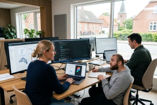 Dansk webbureau i Torkilstrup med team foran skærme og digitale dashboards i et moderne kontor