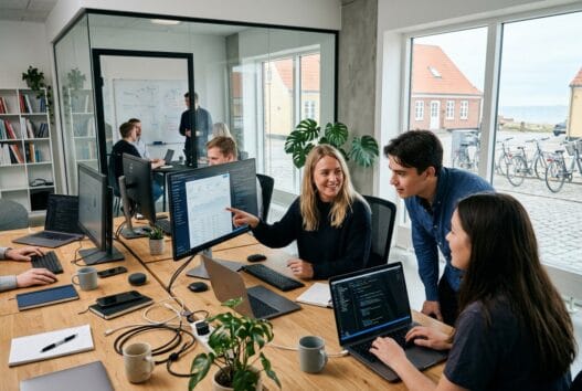 Skandinavisk webbureau i Tornby med team foran skærme og digitale dashboards