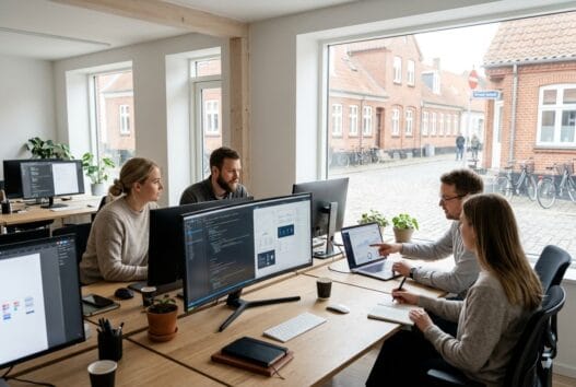 Dansk team arbejder med webdesign og SEO på kontor i tornemark med naturligt lys