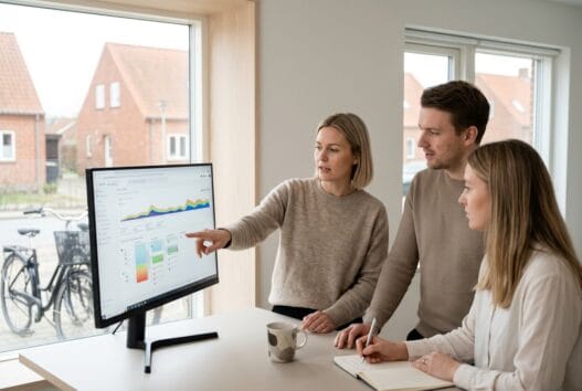 Dansk webbureau i torø huse med team ved computere og dashboards i moderne kontor