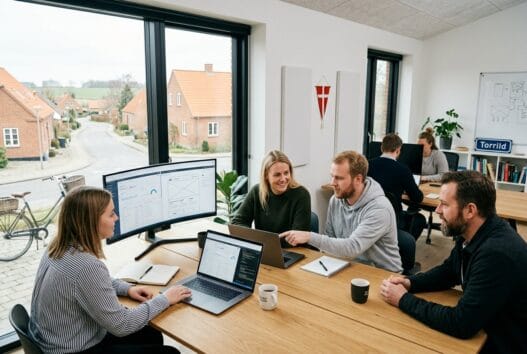 Realistisk hero-billede af et dansk webbureau i Torrild med teamarbejde, skærme og digitalt arbejde